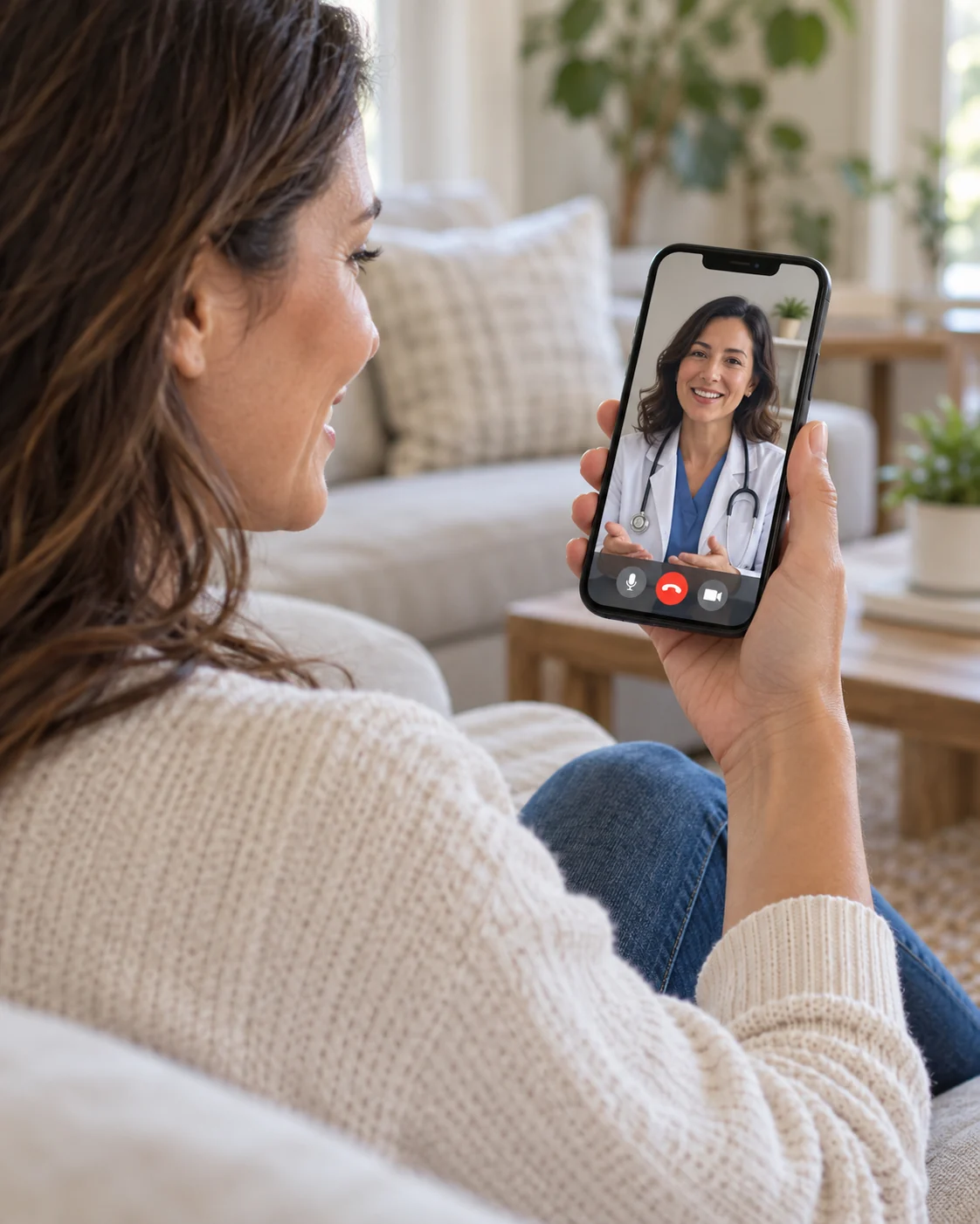 A woman at home speaking with a doctor visible on her smartphone screen